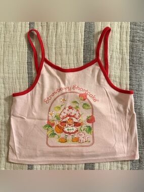 Strawberry Shortcake Pink Graphic Crop Tank with Red Trim